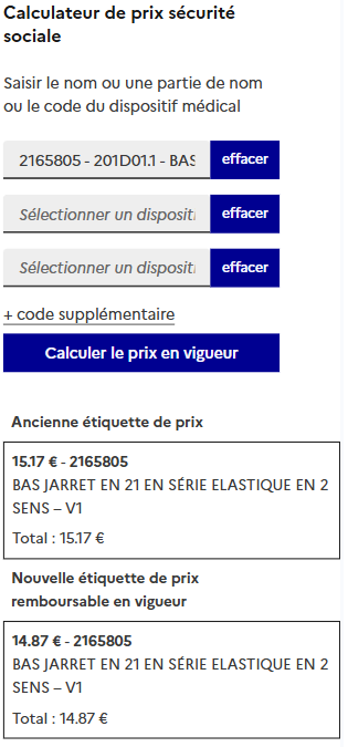 bas de contention - nouveaux tarifs de base