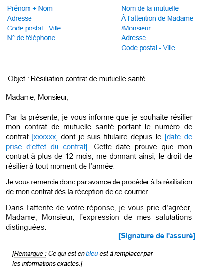 lettre résiliation contrat de mutuelle Résiliation mutuelle infra-annuelle – lettre type