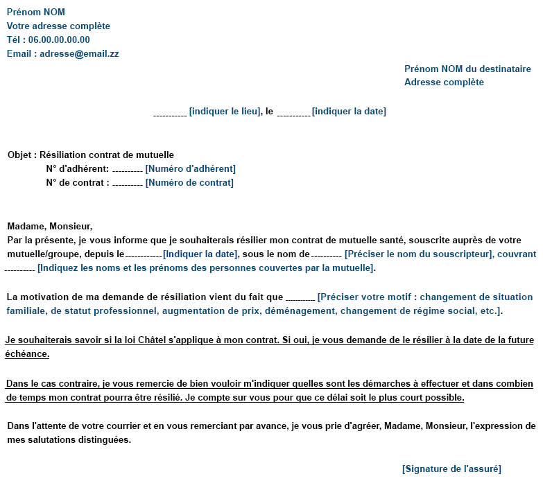 Lettre résiliation mutuelle générale